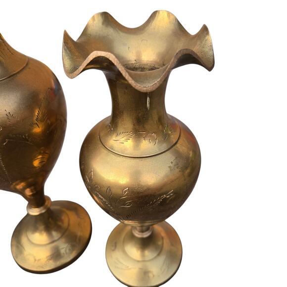 Brass Floral Etched Vases Scalloped Rims - Picture 2 of 8